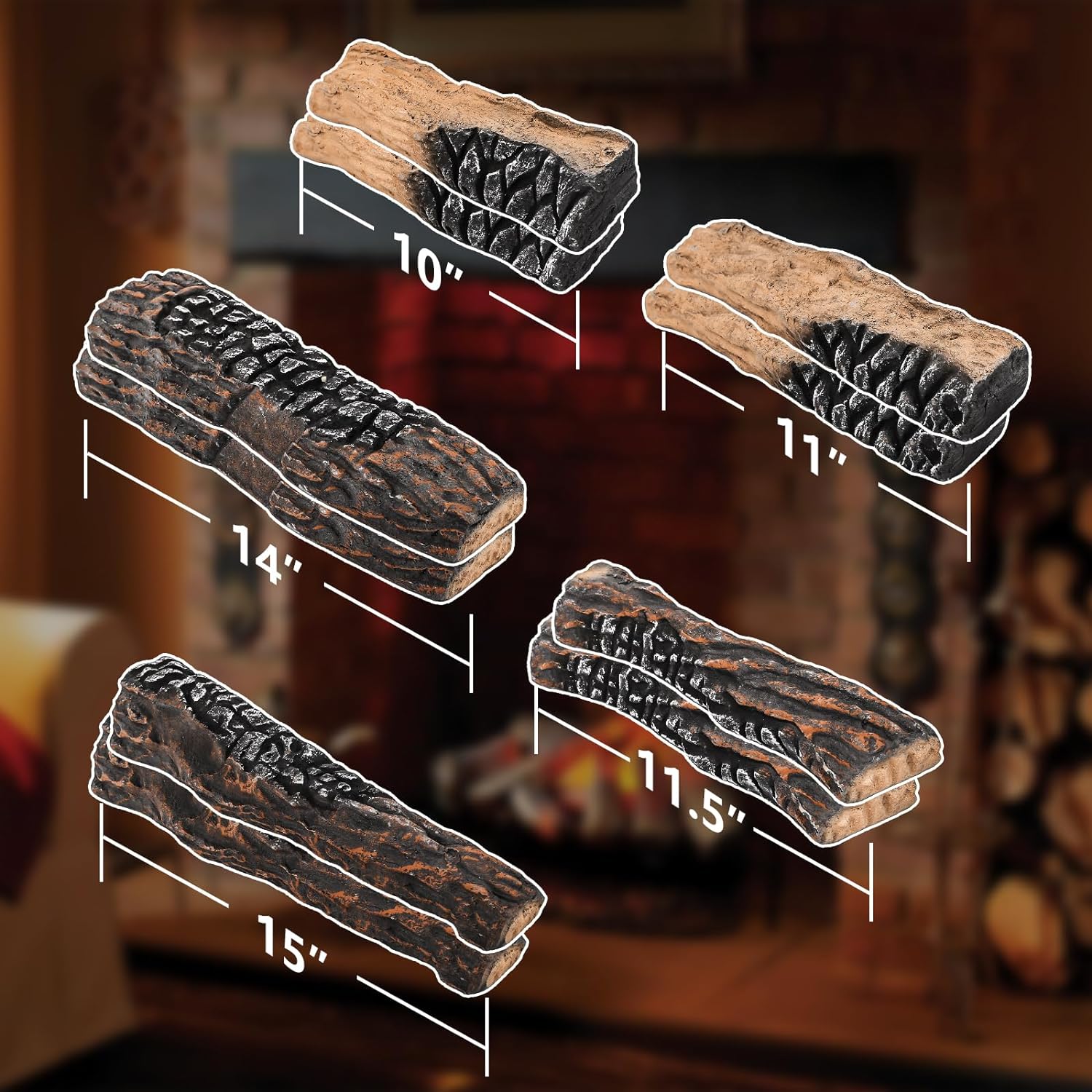 10 Pcs Gas Fireplace Decor Logs with 6 Oz Glowing Embers Set, Inserts ...