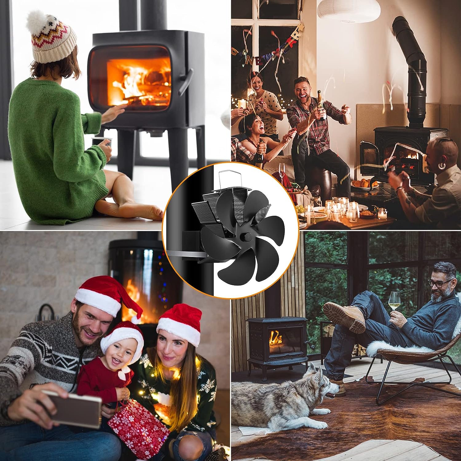 6-Blade Fireplace Stove Top Fan Thermometer +Gloves Heat Powered Wood Log  Burner