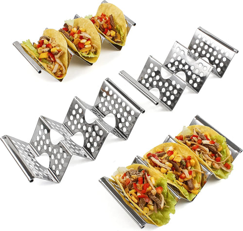 4 Pcs Premium Taco Stand Holders, 2 & 3 Tacos for Each Taco Tray, Taco Rack With Easy-Access Handle, Taco Plate Shells Oven & Grill Safe, BPA Free