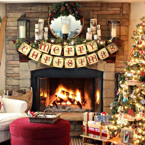 Christmas Decorations Vintage Merry Christmas Banner - Retro Fashioned Victorian Xmas Holiday Decor for Indoor Home Office Fireplace Mantel Decoration