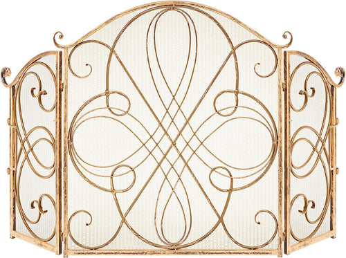 3-Panel Gold 55x33" Solid Wrought Iron Fireplace Screen See-Through Metal Spark Guard Safety Protector with Decorative Scroll