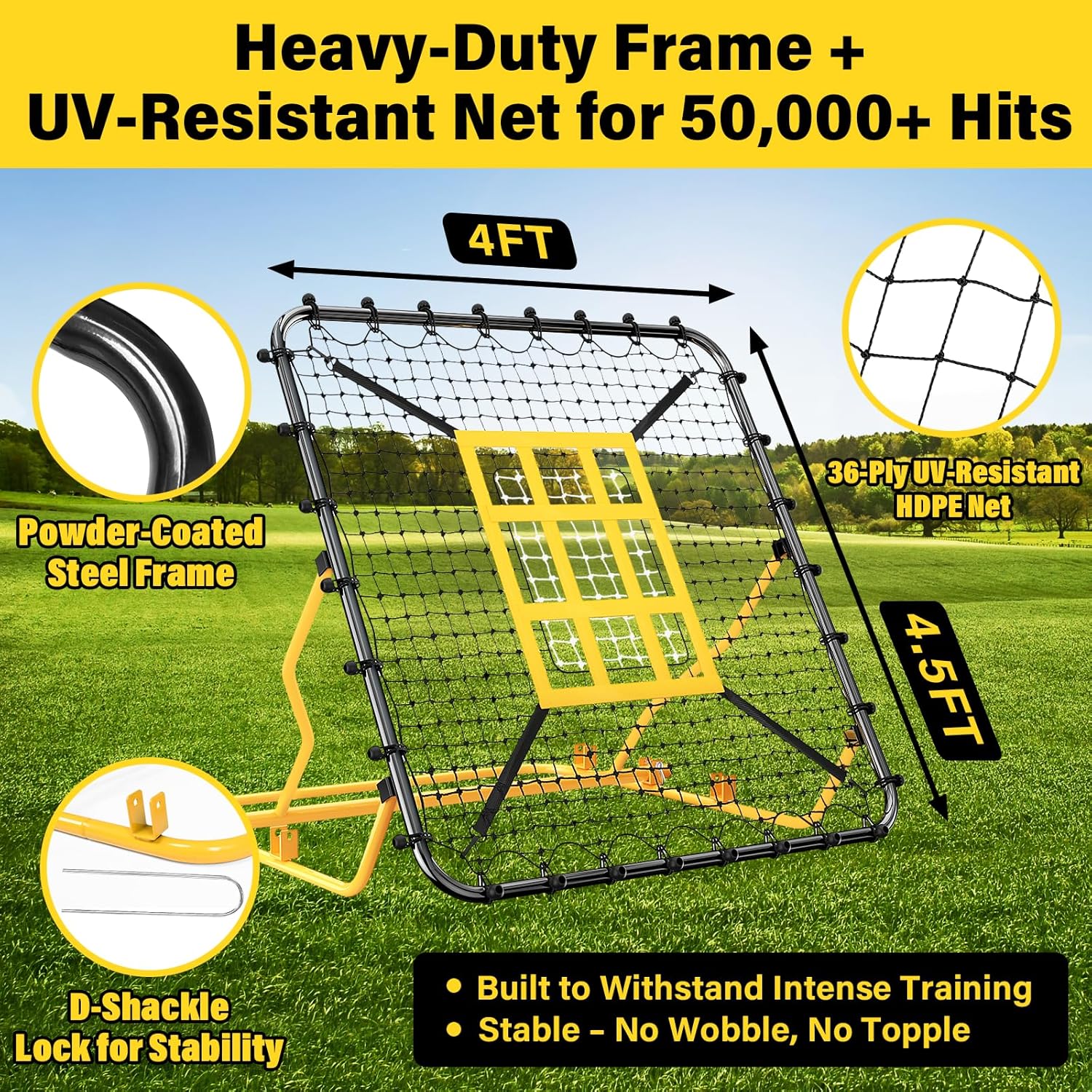 Baseball Rebounder Net 4x4.5 FT With Strike Zone - Pitch Back Trainer For Solo & Team Practice