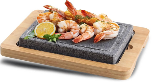 Lava Stone for Steak with 2PCS Stones, Hot Rock Tabletop Grilling Stones for Wagyu with Bamboo Tray, Mini Pizza Grilling Stones, 8.46"*6.49"