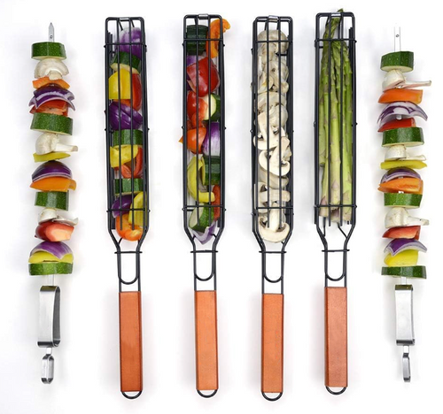 Kebab Grilling Basket & Kabob Skewers Stainless Steel - set of 4 & 2 Metal BBQ Skewers. for Barbecue Veggies, Jumbo Shrimps