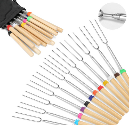 Marshmallow Roasting Sticks Wooden Handle 12pcs Smores Skewers Telescoping Fork 32 inch with Portable Bag for Hot Dog Campfire Camping Stove BBQ Tools