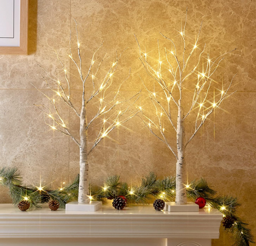 2FT Birch Tree with LED Lights, Warm Light up Lamp, Fairy Light Spirit Tree for Xmas Home Table Fireplace Mantel Decor Christmas Decorations, 2pcs