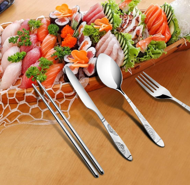 all in one picnic travel backpack plates cutlery set 3 Pack Reusable Flatware Sets Knife, Fork, Spoon, Chopsticks, 12Pcs Portable Travel BBQ Picnic Stainless Steel Tableware Dinnerware with Carrying Case