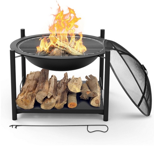 Portable Outdoor Wood Fire Pit - 2-in-1 Steel BBQ Grill 26" Wood Burning Firepit Bowl w/ Mesh Spark Screen, Cover Log Grate, Wood Fire Poker