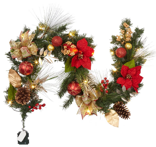 6FT Christmas Garland with Lights, Pine Cones Poinsettia, Cordless Xmas Garland for Fireplace Mantle Stairecase Indoor Outdoor Holiday Decorations