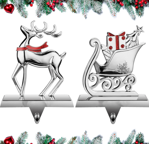 Christmas Stocking Holder for Fireplace Mantle 2 Pieces, Non-Slip Metal Stocking Hangers, Christmas Decoration Gift Xmas, Moose & Sleigh