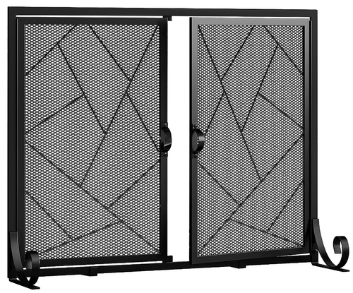 Fireplace Screen with Hinged Doors Cast Iron Border Sturdy Steel Frame Durable Metal Mesh Decorative Free Standing Spark Guard, 35"L x 28"W