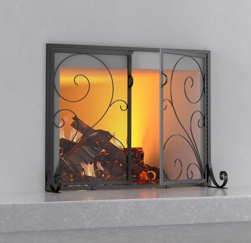 Fireplace Screen with Doors, Handcrafted Solid Steel, Heavy Duty Metal Mesh, Powder Coat Finish, Free Standing Spark Guard, 	37.8"L x 30.7"W