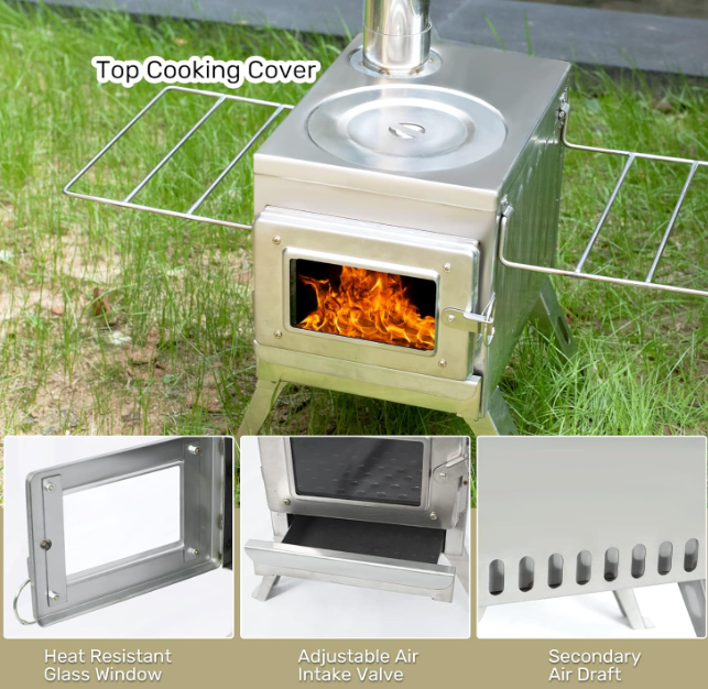 thumbnail image 2 of Portable Wood Burning Camp Stove – Titanium, With 5 Chimney Pipes & Gloves, For Tents, Cooking & Heating 2 of 9
