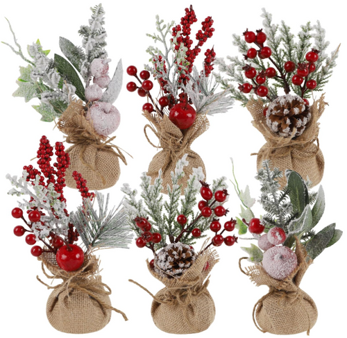 6Pcs Mini Christmas Tree Table Decorations, 9" Small Artificial Trees with Red Berries Pine Cone for Tabletop Fireplace Mantel Centerpiece Decorations