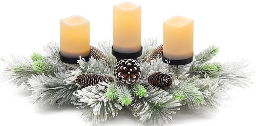 Christmas Centerpiece Decorations, Handcrafted Snowy Pine Cones and Pine Needles with 3 Candle Holders for Dining Table Fireplace Mantel - 27.5 in