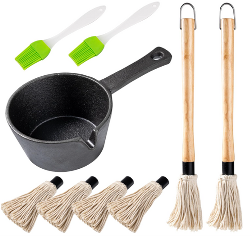 BBQ Mop Brush and Cast Iron Sauce Pot Set, 11-in-1 Pack includes 2Pcs Wooden Long Handle, 6 Brush Heads, 1 Cast iron BBQ Pan and 2 Silicone Brushes