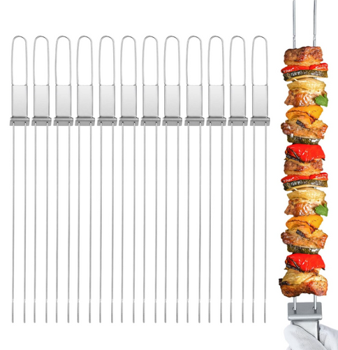 12pcs 17" Kabob Skewers for Kabobs w/ Push Bar Double Pronged Anti-Roll Flat BBQ Kebab Skewers for Grilling Reusable for Meat Shrimp Chicken Veggie