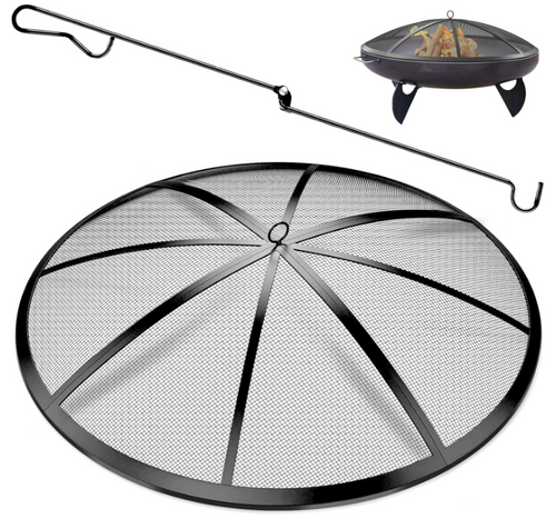 22 Inch Fire Pit Spark Screen, Collapsible with Handle & Poker, 12 Reinforced Bars, Heavy-Duty Steel Mesh Round Cover