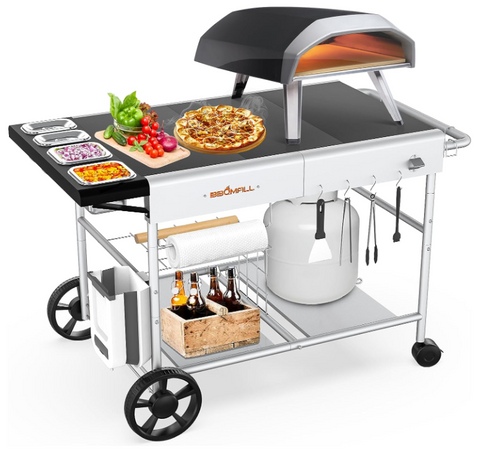 Oven Cart Table with Pizza Topping Station, Work Cart Outdoor Grill Stand for Ooni, Ninja Woodfire, Blackstone Griddle etc