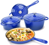 Enameled Cast Iron Cookware Set - 7 Piece Set of Dutch Ovens, Sauce Pan, Skillet, 3 Lids, Dutch Oven Set, Ceramic Nonstick Coated, PFA Free, Blue