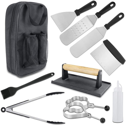 BBQ Griddle Flat Top Grill Accessories Tools Gift Kit Spatulas + Scraper + Egg Rings + Burger Press + Carrying Bag + Squirt Bottles