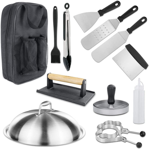 Griddle Flat Top Grill Accessories BBQ Tools Gift Kit Melting Dome Lid + Spatulas + Scraper + Egg Rings + Burger Press + Squirt Bottles + Carrying Bag
