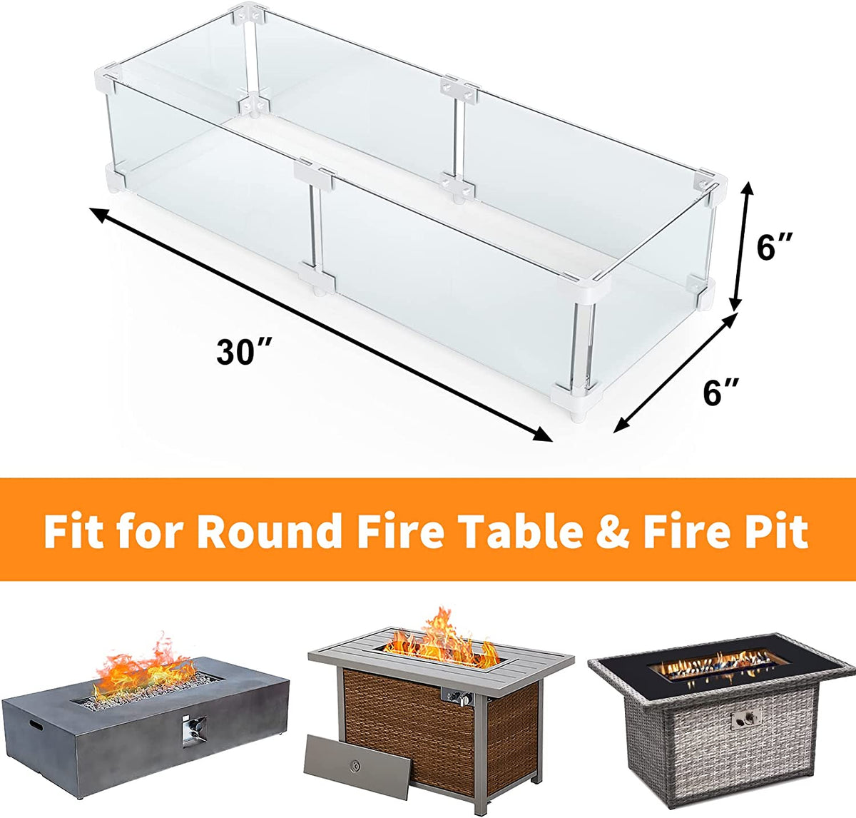 Rectangle Fire Pit Glass Wind Guard, 30 x 6 x 6 inch, Thick 5/16'' Hea ...