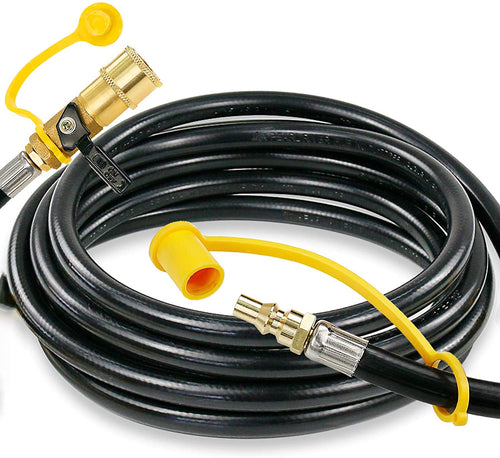 12 Feet Low Pressure Propane RV Quick Connect & Disconnect Hose, Extension - 1/4” Safety Shut Off Valve & Male Full Flow Plug for RVs