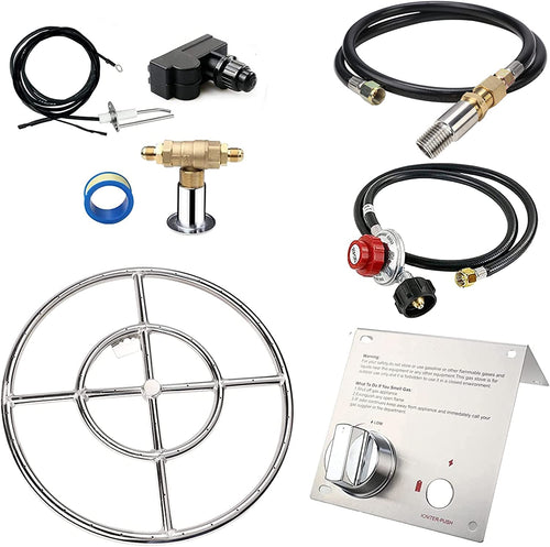 18'' x 18'' Stainless Steel Round Fire Pit Burner Ring and Spark Ignition Hose Installation Kit for LP NG Gas Fire Pits and Fire Bowls