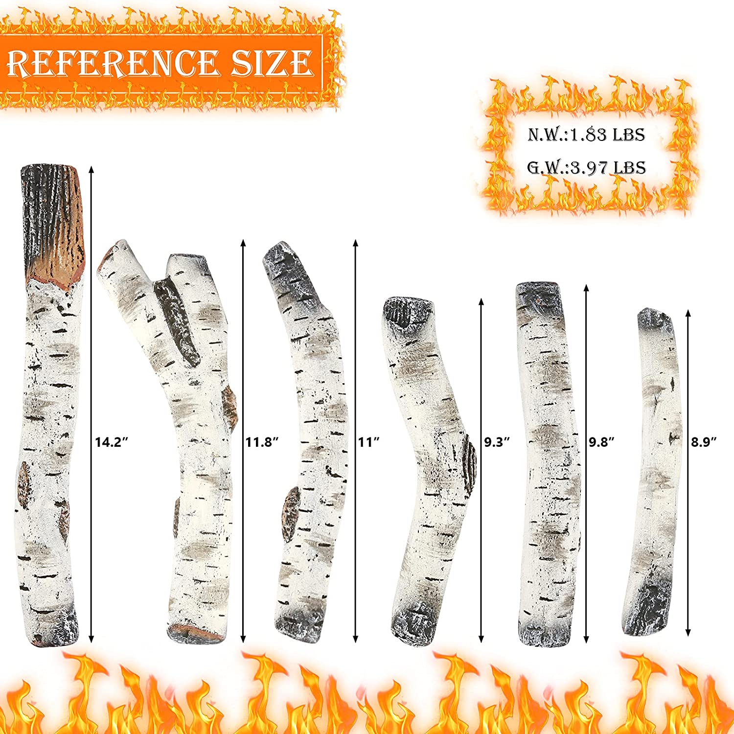 GrillPartsReplacement - Online BBQ Parts Retailer GAS Fireplace Logs, Ventless Ceramic Logs for GAS Fire Pits, 6 Pcs White Birch Wood Set, Electric, Propane GAS Fireplace Decorative Inserts